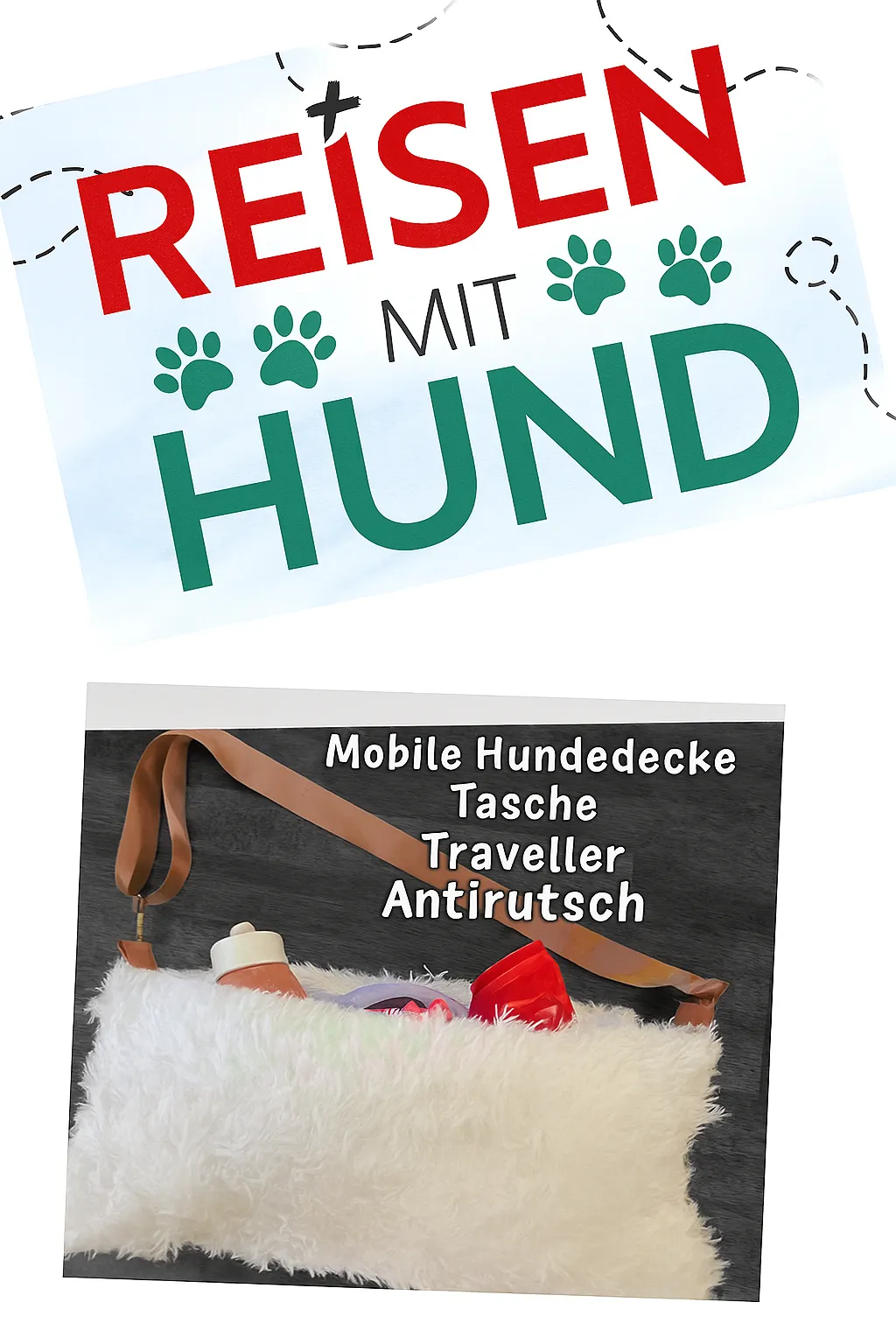 Tama Trade – Textilprodukte – Das Bild wirbt für ein Produkt für Reisen mit Hunden, genauer gesagt für eine tragbare Hundedecke.