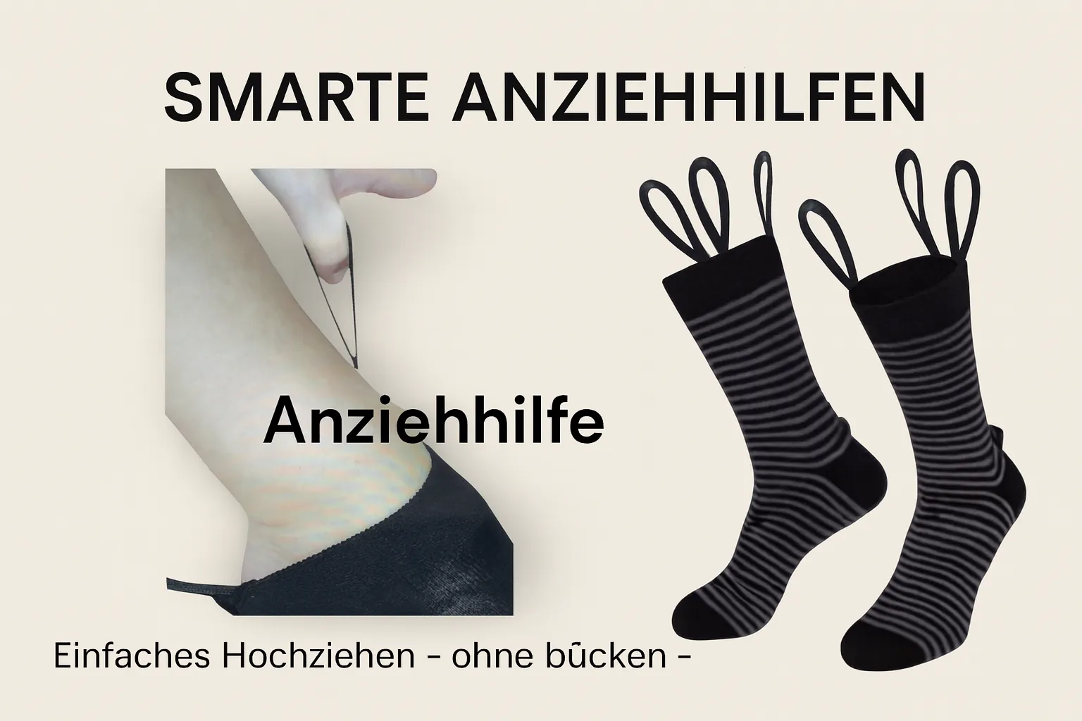 Tama trade – Textilprodukte – Das Bild wirbt für praktische Anziehhilfen, die das Anziehen von Socken erleichtern, ohne sich bücken zu müssen.