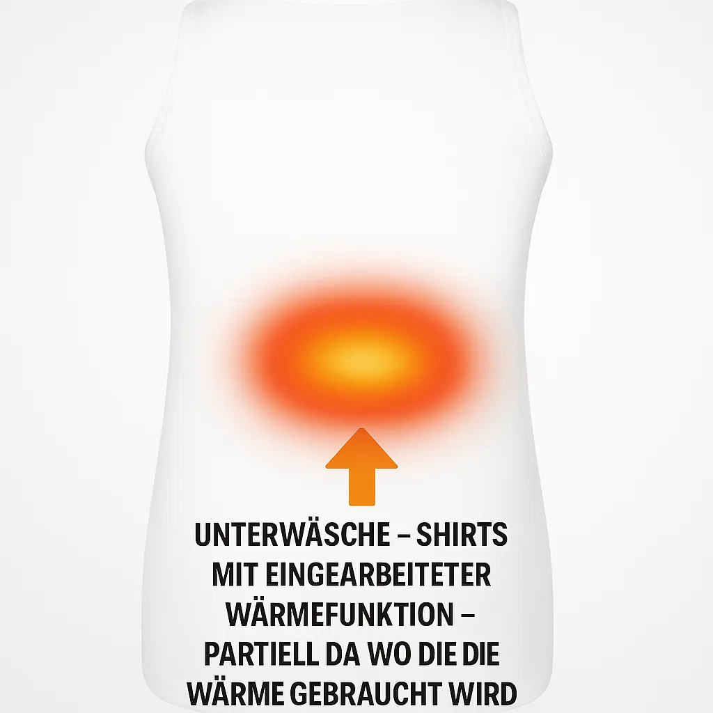 Tama trade – Textilprodukte – Diese Bildanzeige wirbt für Inn-Wärme, eine Produktlinie tragbarer Wärmeprodukte zur gezielten Schmerzlinderung und für mehr Komfort. Die Grafik zeigt eine Person von hinten und hebt die „gezielten Wärmezonen“ im unteren Rückenbereich hervor, die bei aktiven Tagen und zur Entspannung helfen sollen. [Bild gesendet].